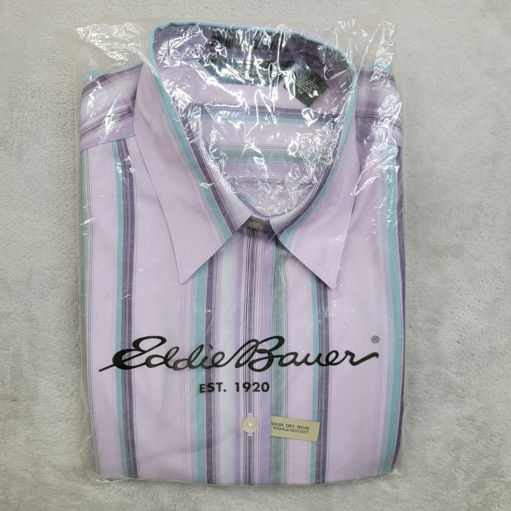 Eddie Bauer Shirt Mens 1X Purple Green Striped Wrinkle Resistant Button Down NWT